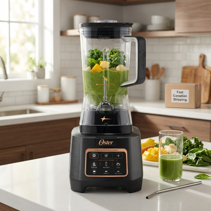 Lifestyle view of the Oster Extreme Mix Professional Blender blending a green smoothie in a kitchen.