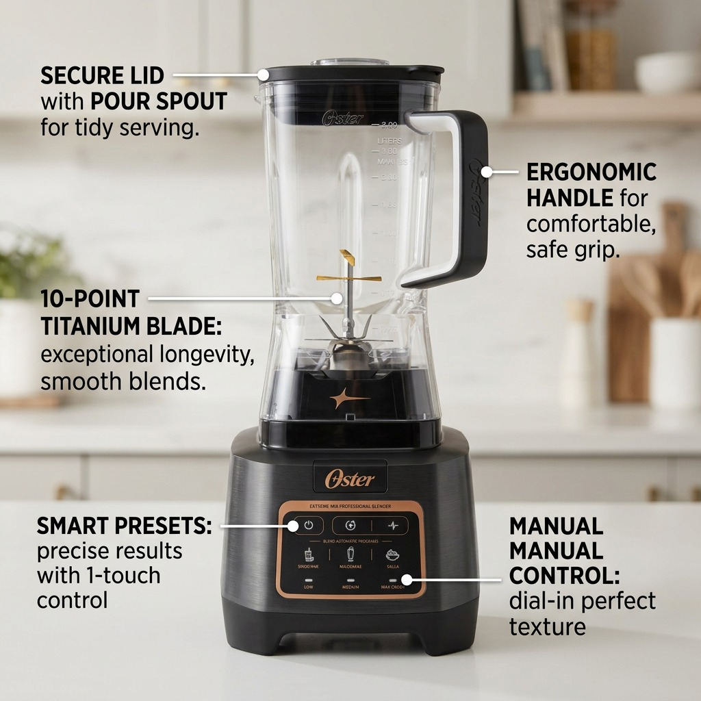 Oster Extreme Mix Blender feature callouts highlighting 10-point titanium blade and smart presets.