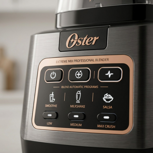 Close-up of the Oster Extreme Mix Professional Blender control panel with copper accents and buttons.