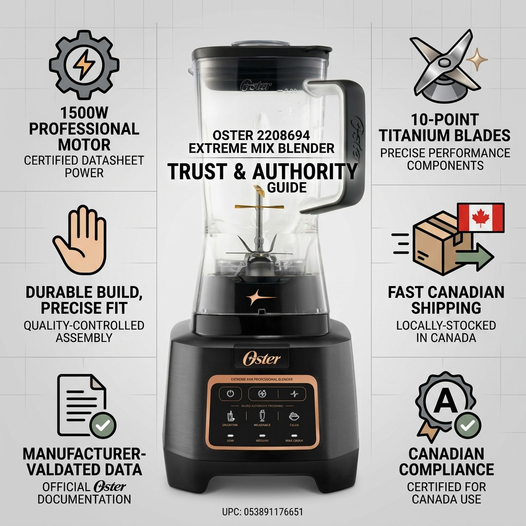 Infographic for the Oster Extreme Mix Blender featuring a 1500W motor and 10-point titanium blades.