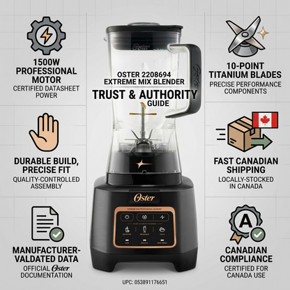 Infographic for the Oster Extreme Mix Blender featuring a 1500W motor and 10-point titanium blades.