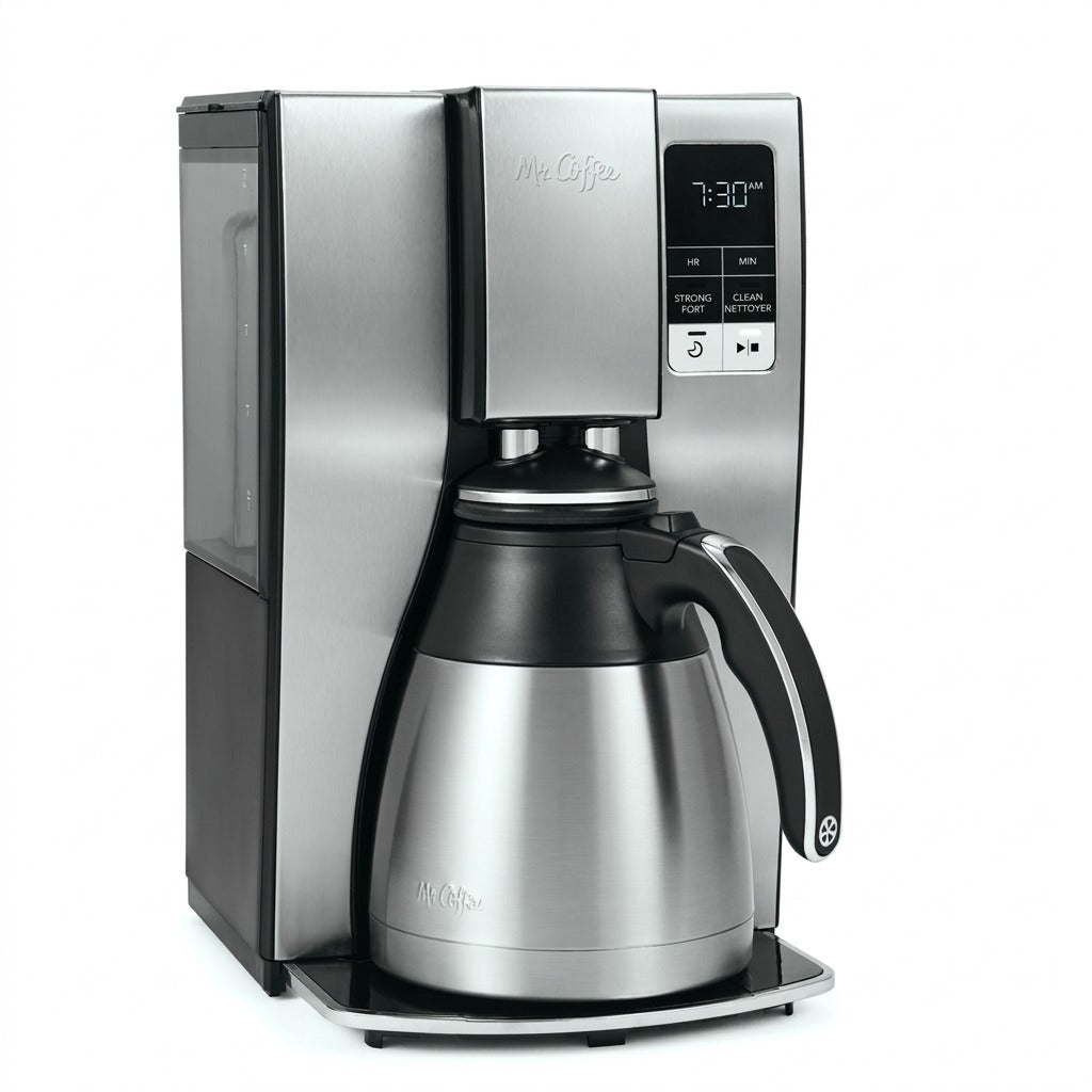 Mr. Coffee 10-cup programmable thermal coffee maker with a stainless steel carafe on white background.