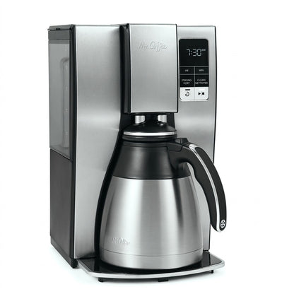 Mr. Coffee 10-cup programmable thermal coffee maker with a stainless steel carafe on white background.