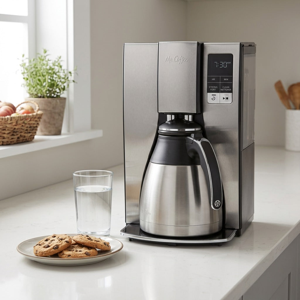 Mr. Coffee 10-Cup Thermal Coffee Maker on a kitchen counter next to a water glass and cookies.