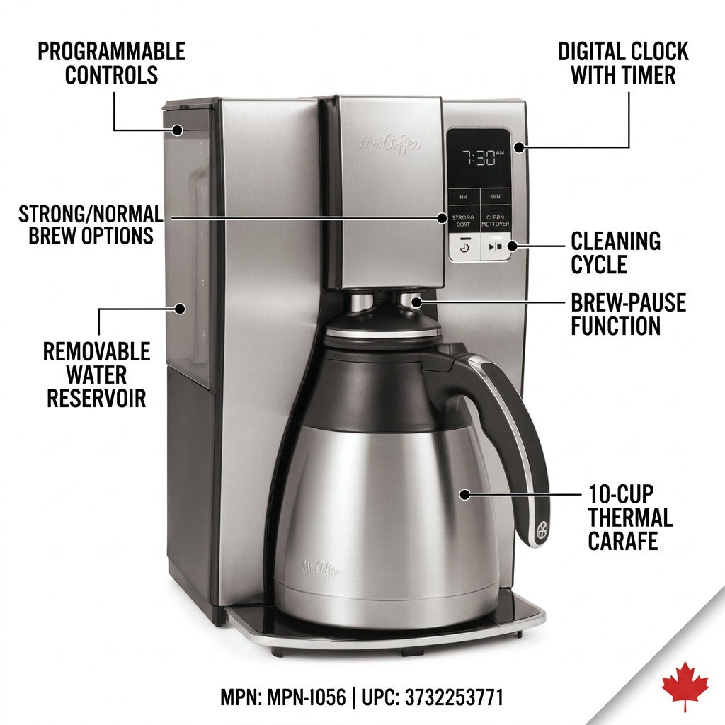 Mr. Coffee 10-Cup Thermal Coffee Maker with callouts for programmable controls and brew settings.