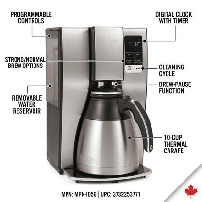 Mr. Coffee 10-Cup Thermal Coffee Maker with callouts for programmable controls and brew settings.