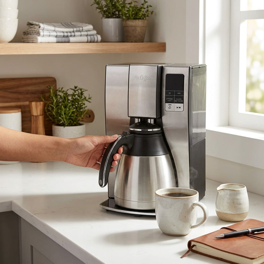 Mr. Coffee 10-Cup Programmable Thermal Coffee Maker on a bright kitchen counter with a person's hand grasping the stainless steel carafe handle next to a mug and notebook.
