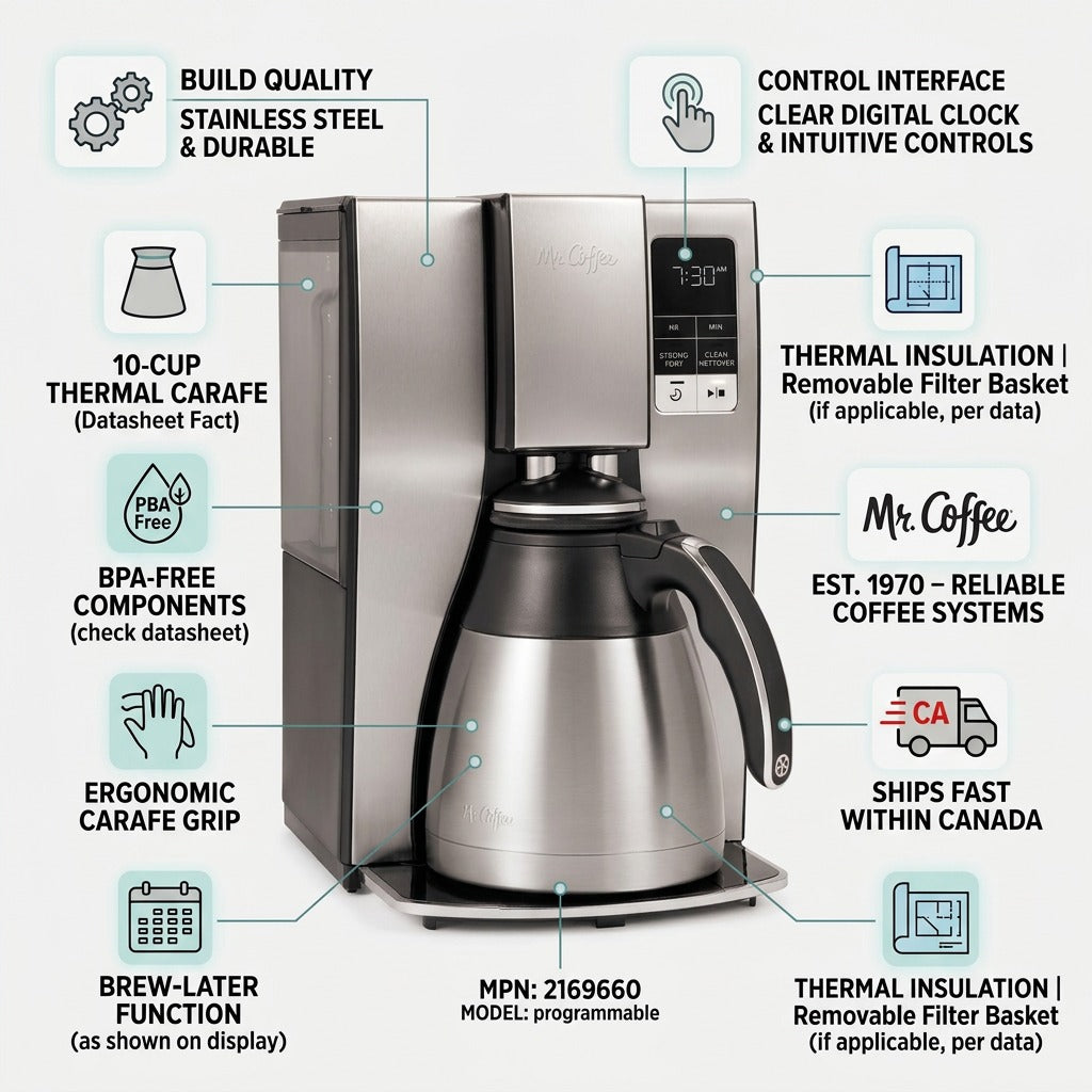 Mr. Coffee 10-Cup Thermal Coffee Maker infographic highlighting build quality and fast Canada shipping.