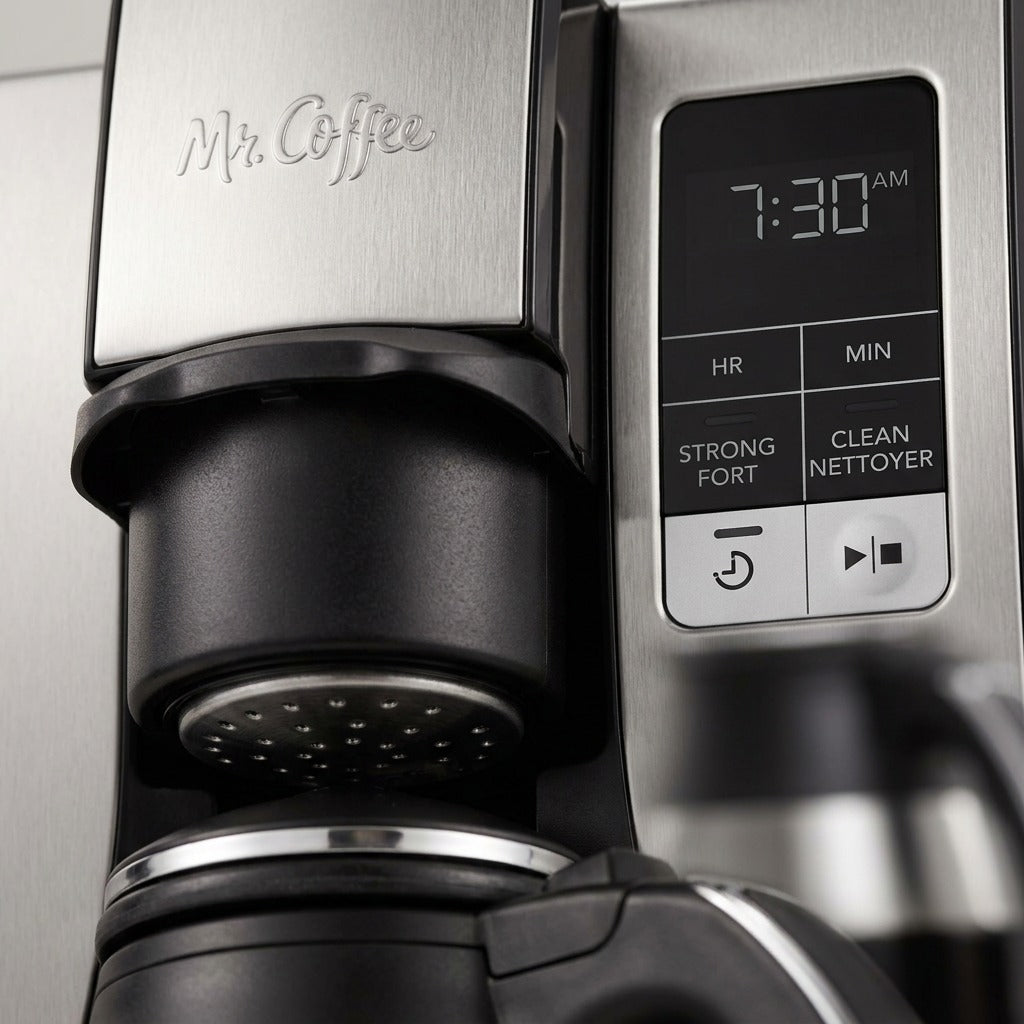 Macro detail of the Mr. Coffee 10-cup coffee maker's digital display, brew basket, and logo.