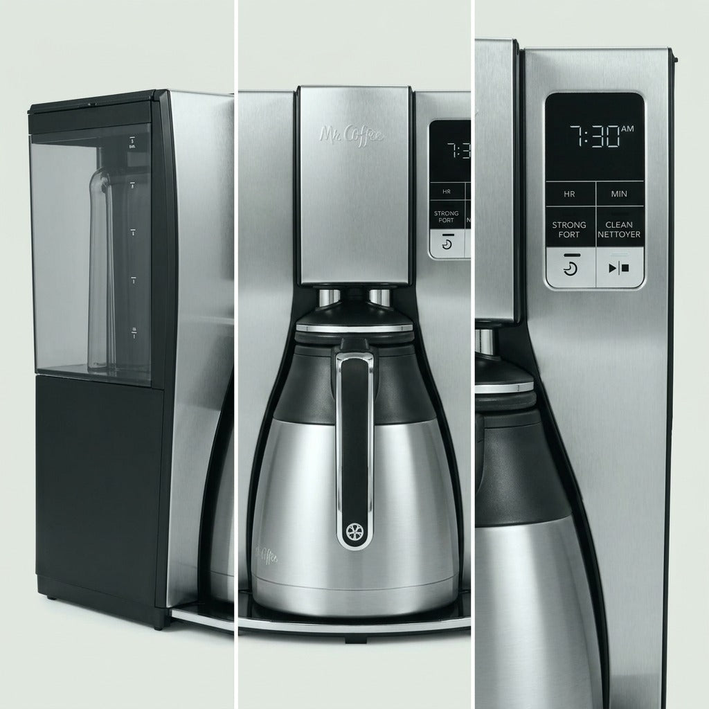 Three views of the Mr. Coffee 10-Cup Thermal Coffee Maker showing water reservoir and control panel.
