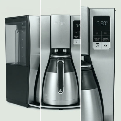 Three views of the Mr. Coffee 10-Cup Thermal Coffee Maker showing water reservoir and control panel.