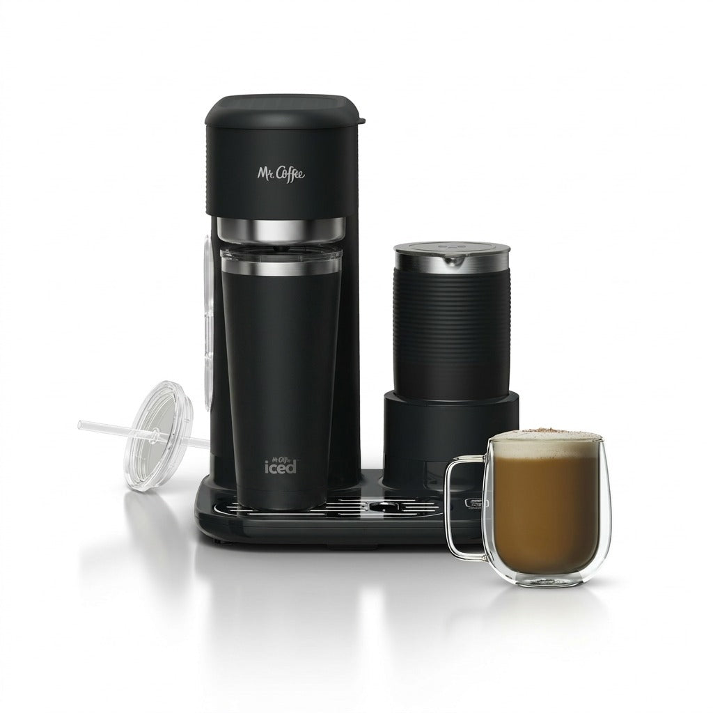 Mr. Coffee 4-in-1 single-serve coffee maker with milk frother, travel tumbler, and a fresh latte.