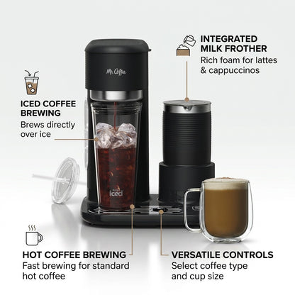 Mr. Coffee 4-in-1 brewer feature chart showing iced brewing, milk frother, and hot coffee controls.