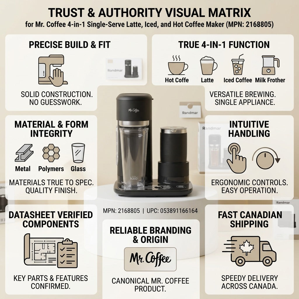 Mr. Coffee 4-in-1 Coffee Maker features infographic showing hot, iced, and latte brewing options.
