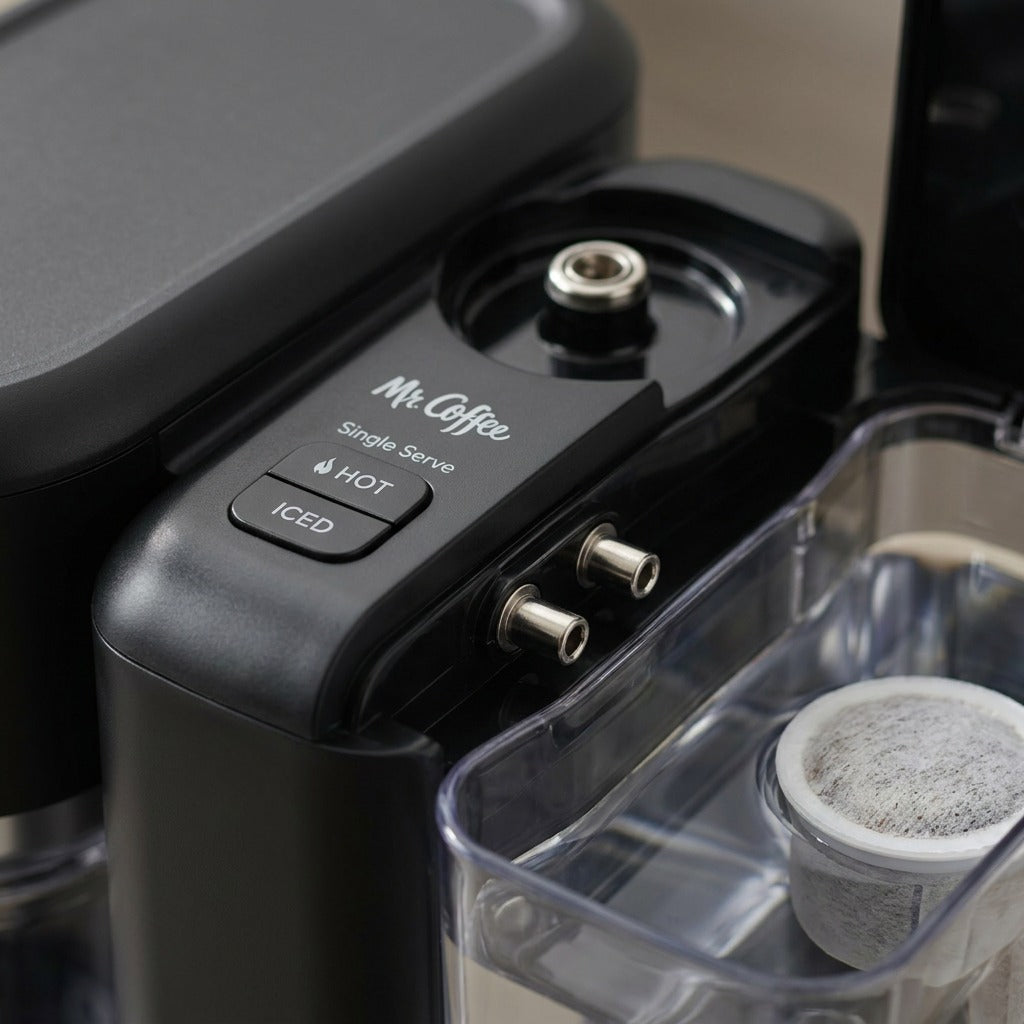 Macro view of Mr. Coffee 4-in-1 control panel with Hot and Iced buttons and milk frother connector.
