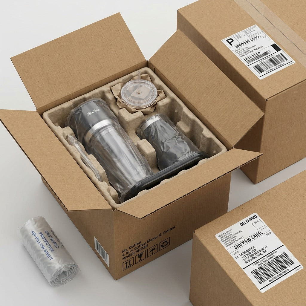 Mr. Coffee 4-in-1 Coffee Maker securely packed in a shipping box with molded pulp protection.