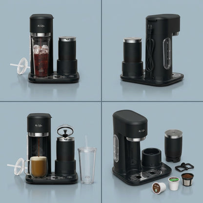 A four-image grid showing the Mr. Coffee 4-in-1 Specialty Coffee Maker from multiple angles.