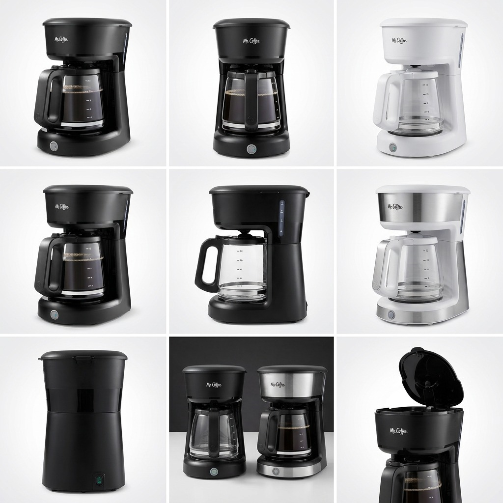 Nine-panel grid of the Mr. Coffee 12-Cup Switch Coffee Maker showing multiple angles and colour options including Black and White.