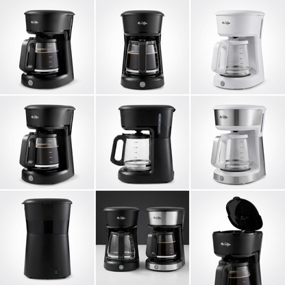 Nine-panel grid of the Mr. Coffee 12-Cup Switch Coffee Maker showing multiple angles and colour options including Black and White.