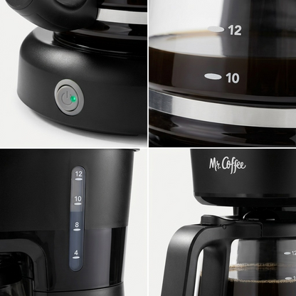 Four-way macro view inspecting the Mr. Coffee power switch, carafe print, water level scale, and base.