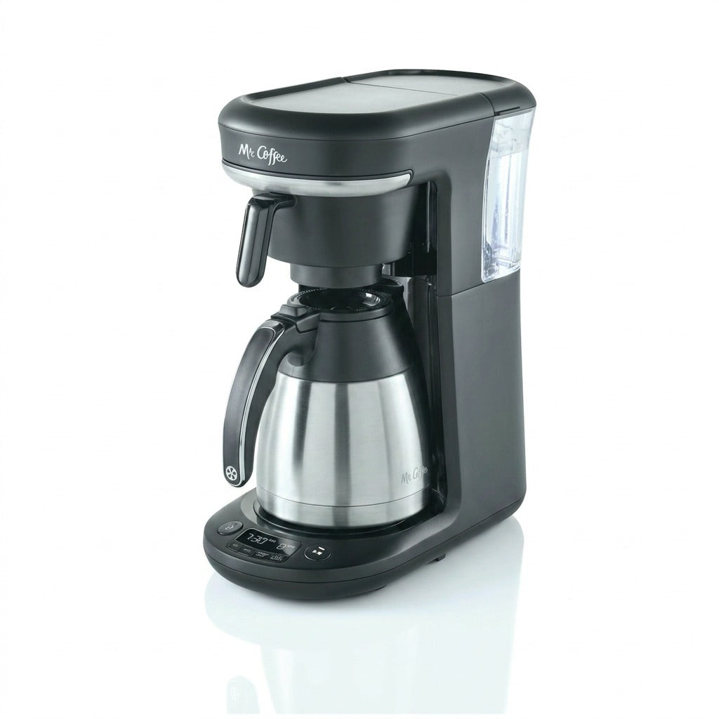 Mr. Coffee 10-Cup + Pod Thermal Coffee Maker with a stainless steel carafe on a white background.