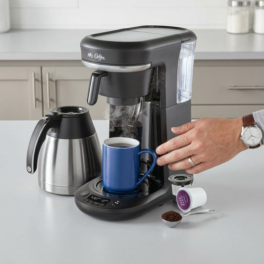 A hand reaches toward a Mr. Coffee 10-Cup + Pod combo maker on a counter, showing its compact size.