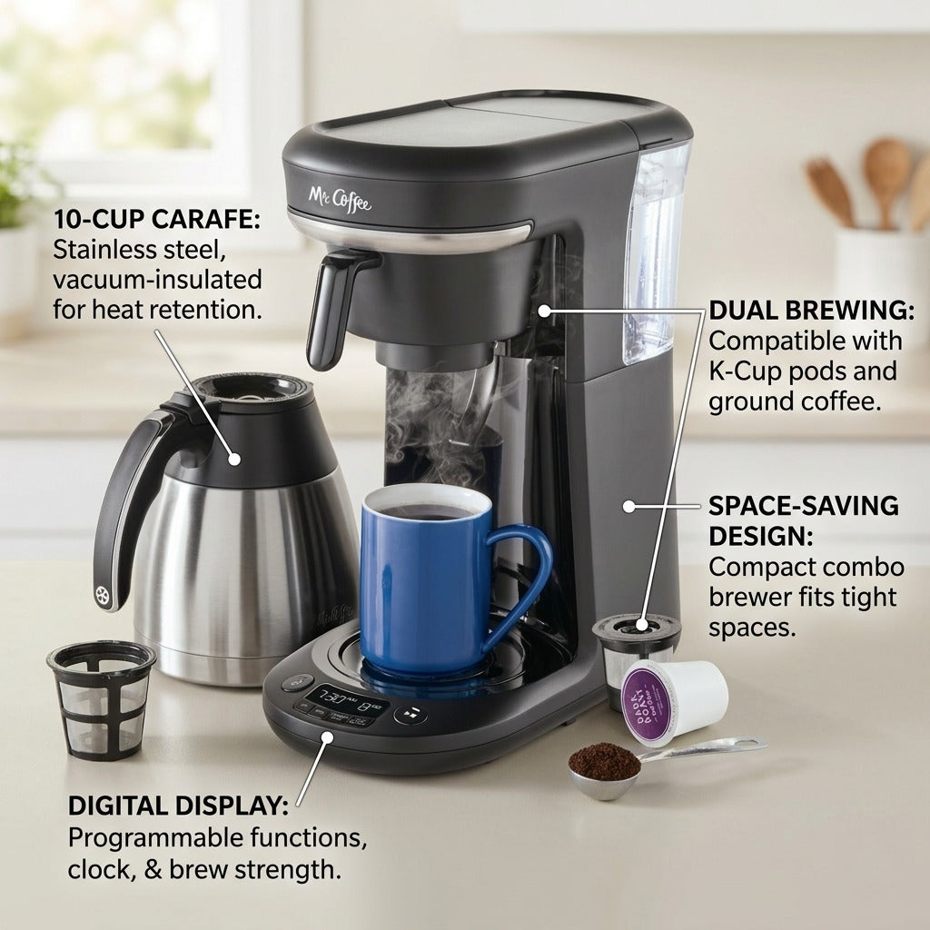 Mr. Coffee 10-Cup + Pod combo brewer features for carafe, dual brewing, design, and digital display.