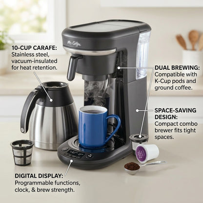 Mr. Coffee 10-Cup + Pod combo brewer features for carafe, dual brewing, design, and digital display.