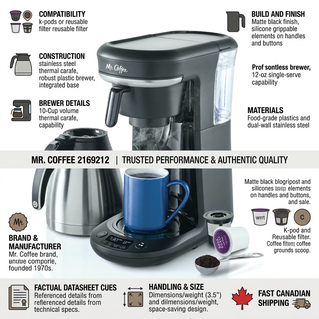 Infographic for Mr. Coffee 10-Cup + Pod combo brewer showing thermal carafe, icons, and build specs.