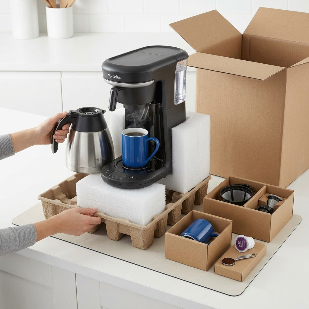 Mr. Coffee 10-Cup + Pod combo maker unboxed with protective foam and cardboard shipping materials.