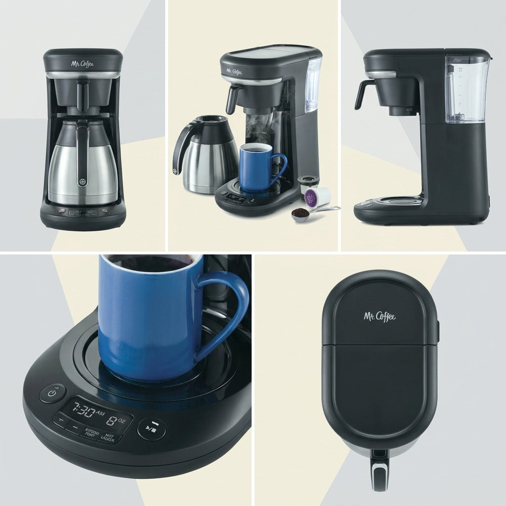 Visual grid shows Mr. Coffee 10-Cup brewer from five angles, including a thermal carafe and pod mode.