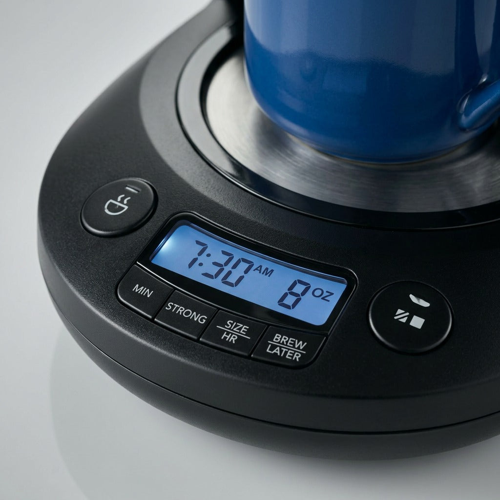 Close-up of Mr. Coffee combo brewer digital display showing 7:30 AM and Strong Brew buttons.