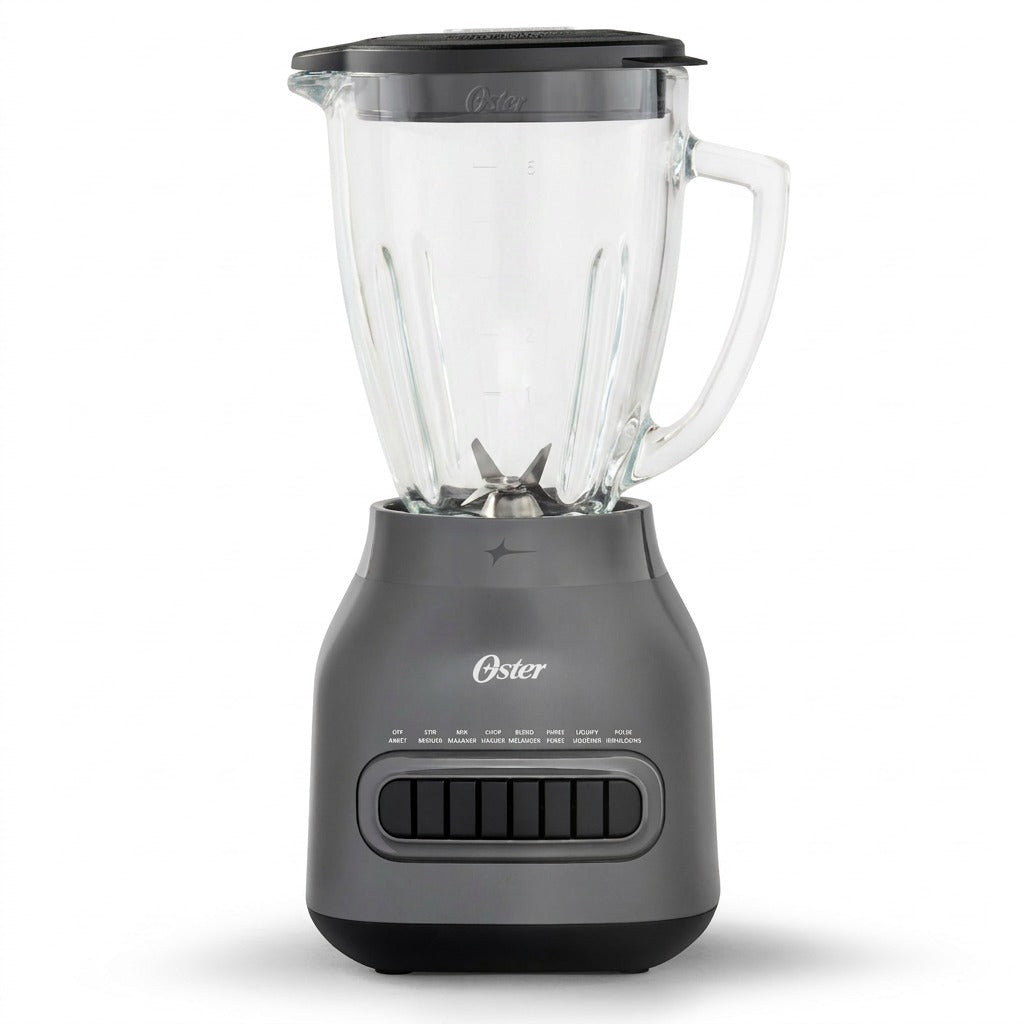 Oster 8-speed blender with a 6-cup Boroclass glass jar and charcoal grey base on a white background.