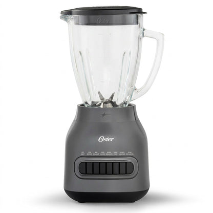 Oster 8-speed blender with a 6-cup Boroclass glass jar and charcoal grey base on a white background.