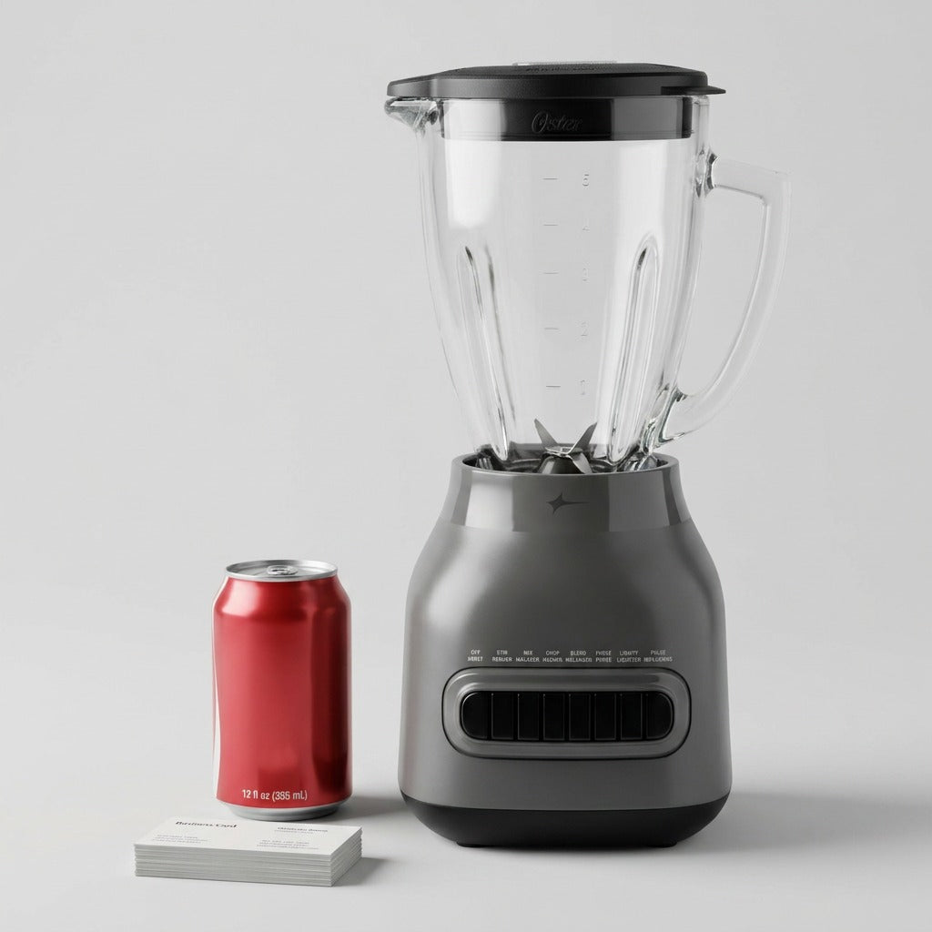 Oster 8-speed blender with 6-cup glass jar shown next to a standard soda can for scale reference.