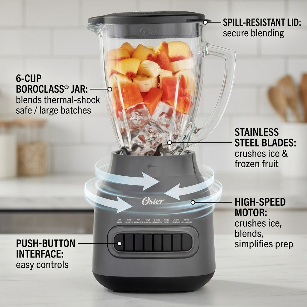 Oster 8-speed blender feature callouts for 6-cup Boroclass jar, steel blades, and 700W motor.
