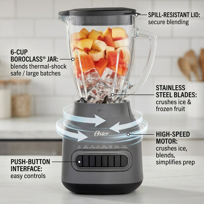 Oster 8-speed blender feature callouts for 6-cup Boroclass jar, steel blades, and 700W motor.