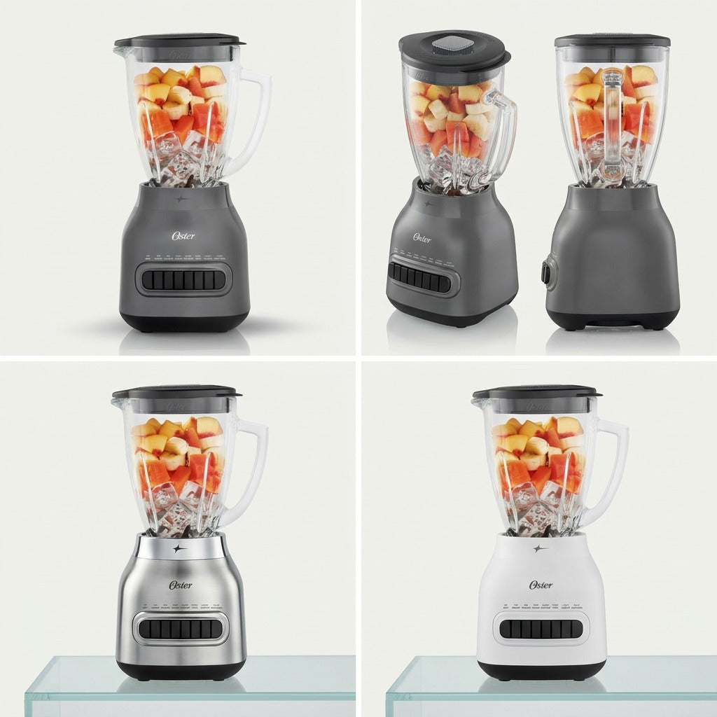 Grid showing the Oster 8-speed blender in grey, brushed stainless steel, and white finishes.