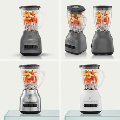 Grid showing the Oster 8-speed blender in grey, brushed stainless steel, and white finishes.