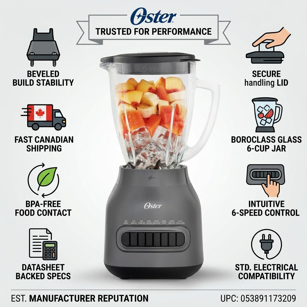 Oster 8-speed blender infographic highlighting Boroclass glass jar, BPA-free parts, and fast Canadian shipping.