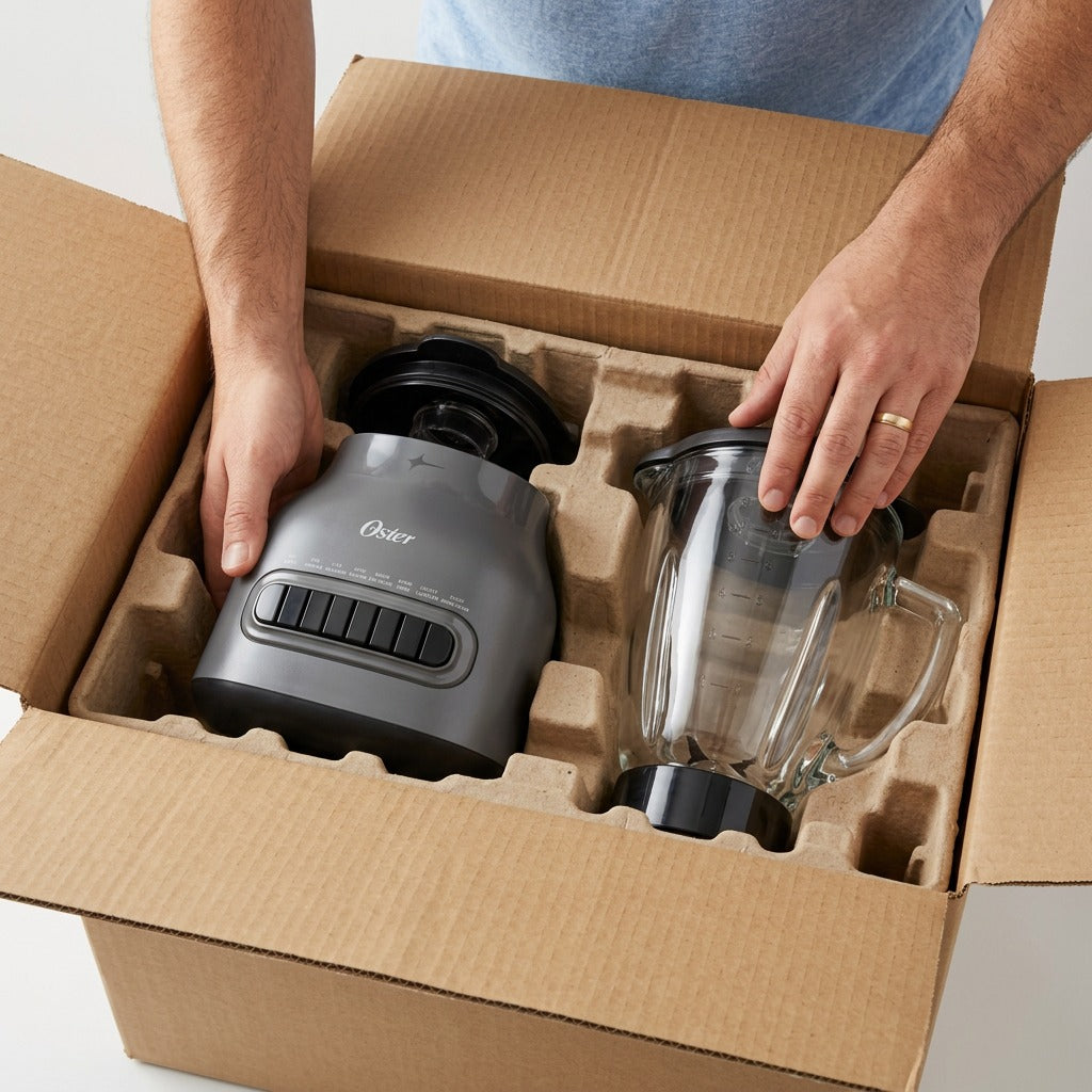 Hands unboxing an Oster 8-Speed Blender base and glass jar from a secure cardboard shipping box.