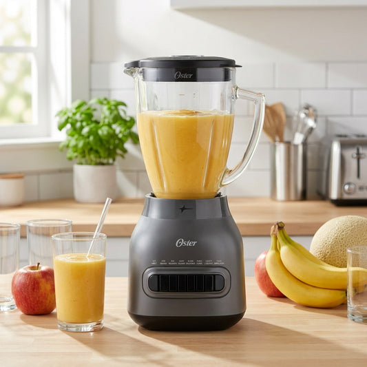 Grey Oster 8-Speed Blender with Boroclass Glass Jar filled with a fresh fruit smoothie in a kitchen.