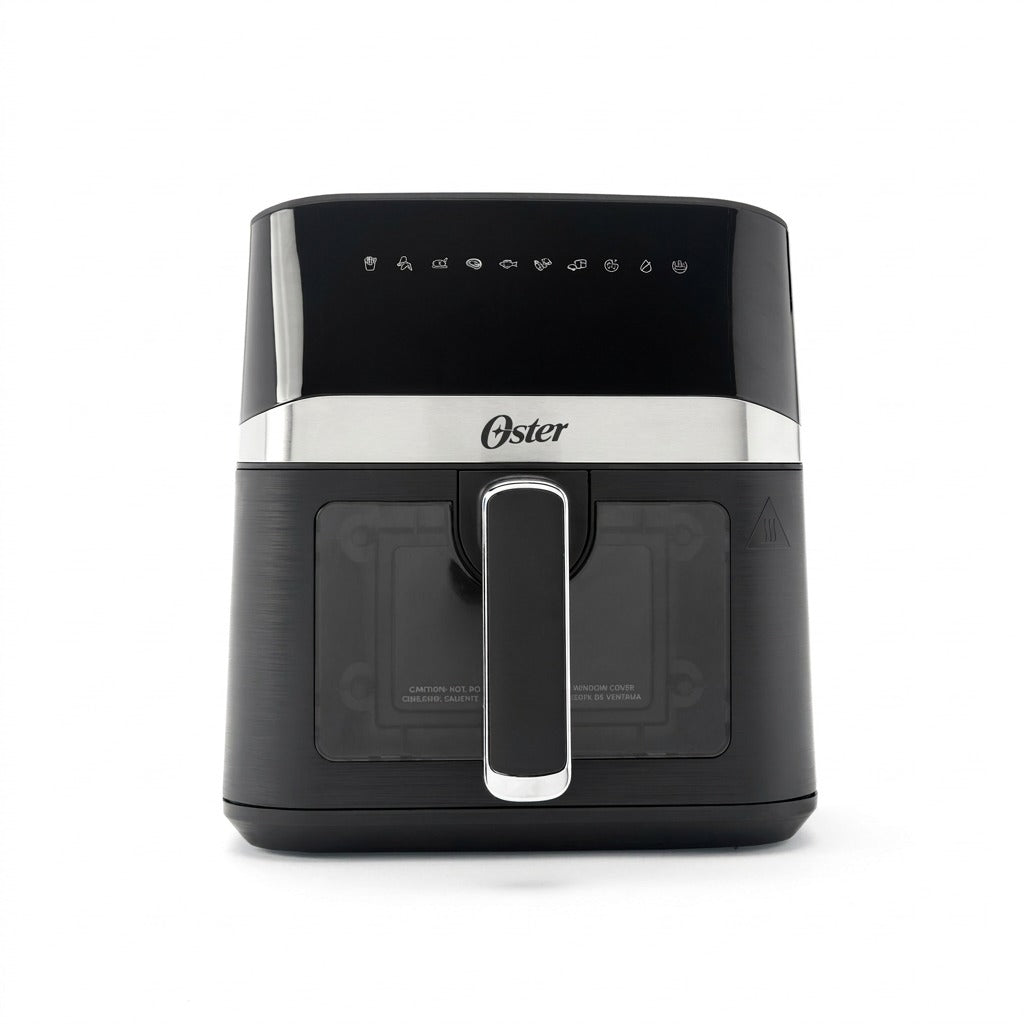 Front view of the black Oster 4-Quart Digital Air Fryer featuring a viewing window and touch icons.