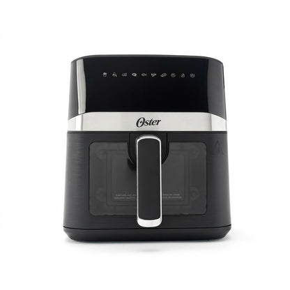 Front view of the black Oster 4-Quart Digital Air Fryer featuring a viewing window and touch icons.