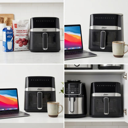 Scale comparison of the Oster 4-Quart Digital Air Fryer next to a laptop, coffee mug, and groceries.