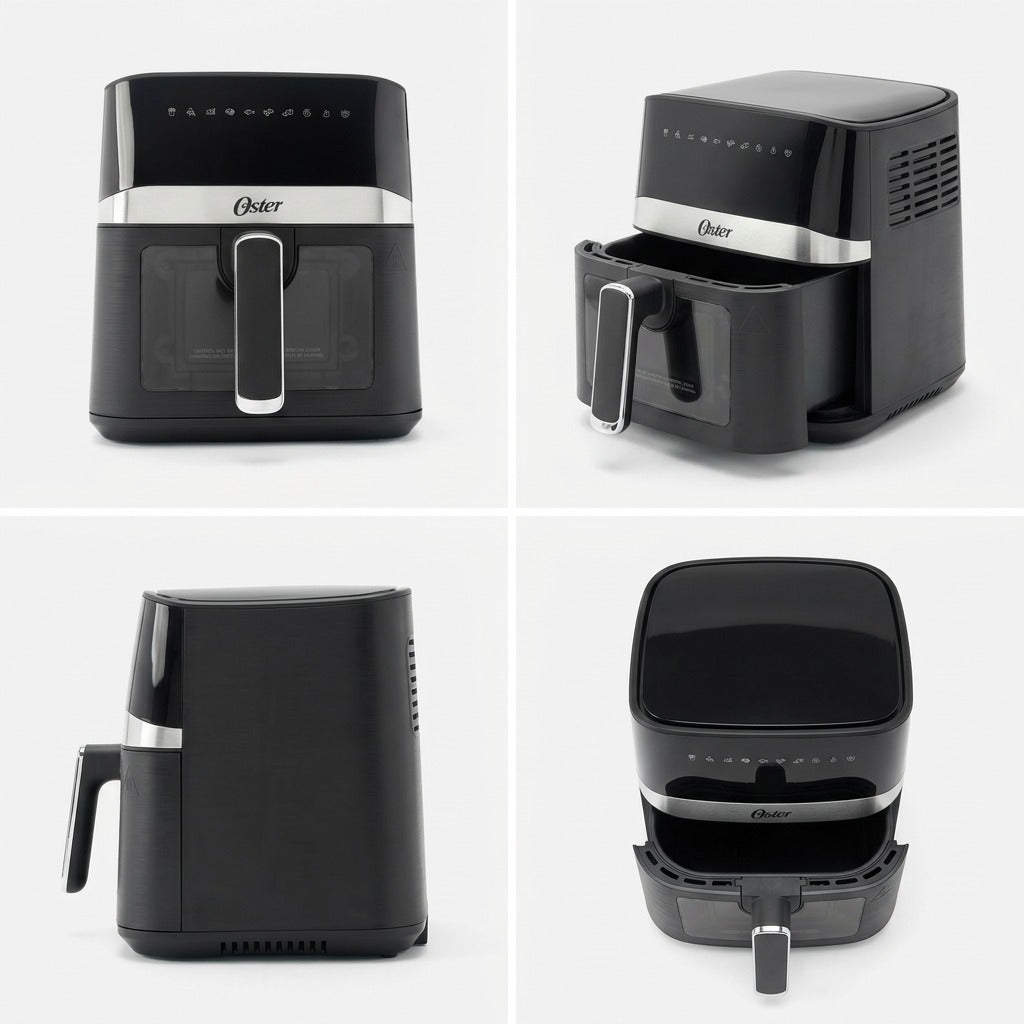 Grid showing the black Oster 4-quart digital air fryer from front, side, and open basket angles.
