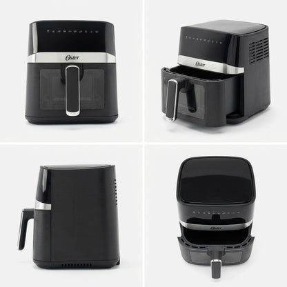 Grid showing the black Oster 4-quart digital air fryer from front, side, and open basket angles.