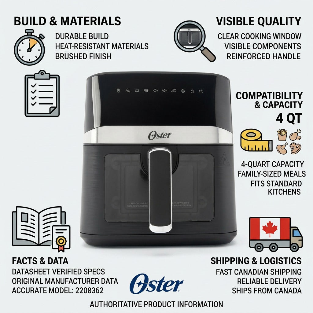 Infographic for Oster 4-Quart Digital Air Fryer highlighting durable build, 4QT capacity, and fast Canadian shipping.