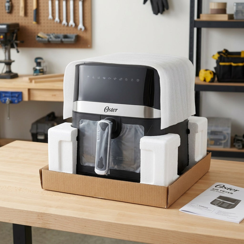 A 4-quart Oster digital air fryer being unboxed from protective foam and cardboard packaging.