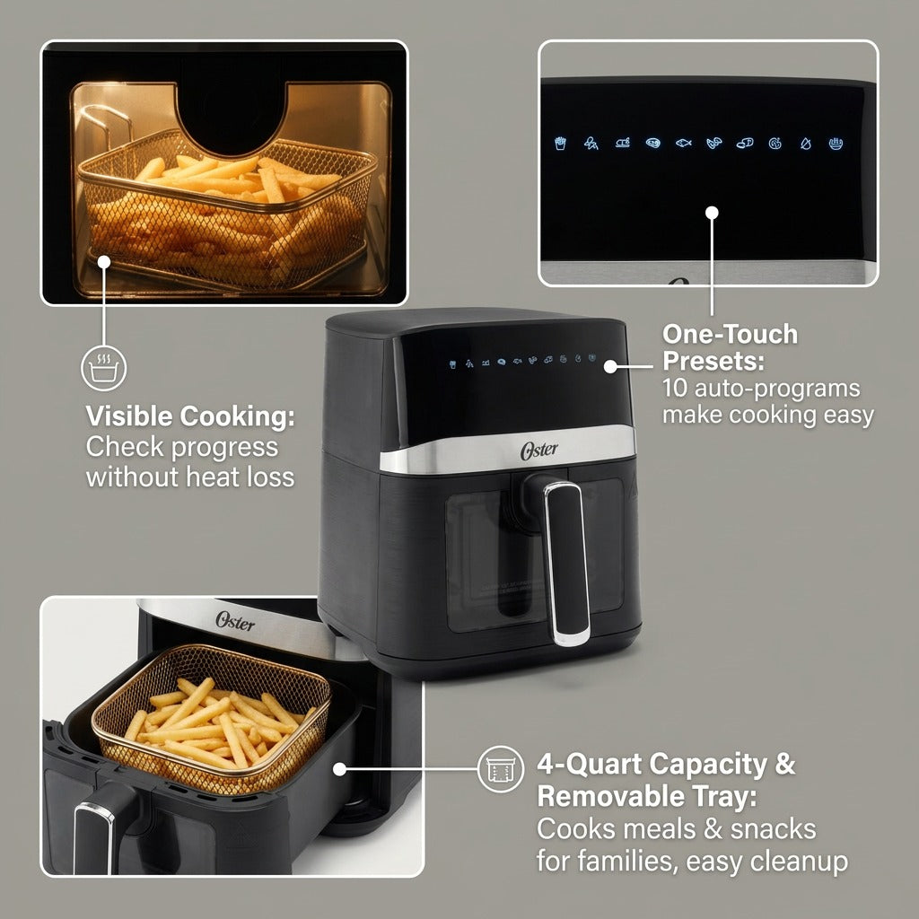 Feature callout for Oster 4-Quart Digital Air Fryer showing window, digital presets, and tray.